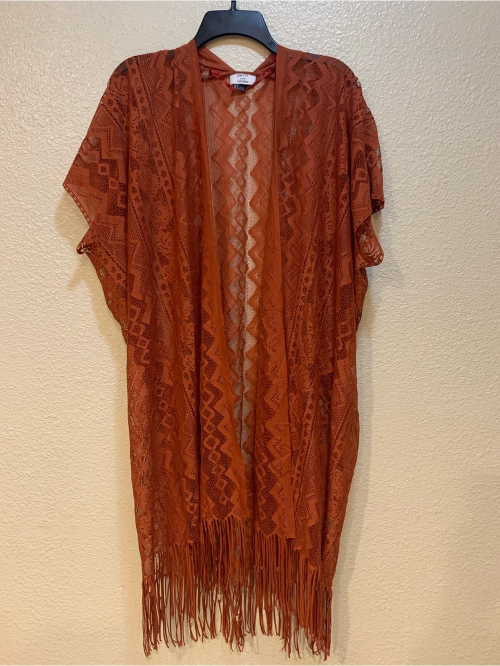 David and Young Burnt Orange Crochet Kimono